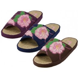 48 Units of Women's Satin Flower Embroidery Upper Open Toe House Slippers - Women's Slippers