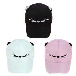24 Wholesale Adjustable Cat Ears Baseball Cap In 3 Assorted Colors