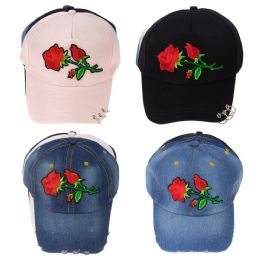 24 Wholesale Adjustable Rose Patch Pierced Baseball Cap In 4 Assorted Colors