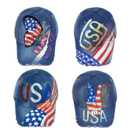 24 Wholesale Wholesale Usa Airbrush Baseball Cap Adjustable In 4 Assorted Prints