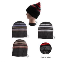 36 Pieces Winter Beanie Hat With Faux Fur Lining Stripe Colors Assorted - Winter Beanie Hats
