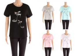 48 Wholesale Womens Rhinestone Shoe Print Tee Shirt