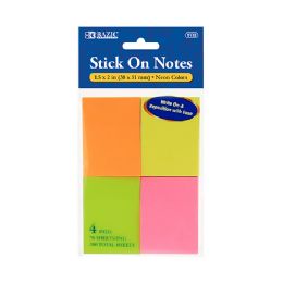 24 Pieces 70 Ct. 1.5" X 2" Neon Stick On Notes (4/pack) - Note Books & Writing Pads