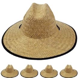 12 Units of Adults Large Black Brim Straw Hat - Sun Hats
