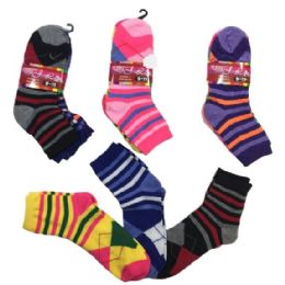 36 Pairs Three Pair Ladies Teens Quarter Stripes Argyle - Womens Ankle Sock