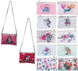 24 Wholesale Reversible Sequin Printed Clutch Purse With Strap