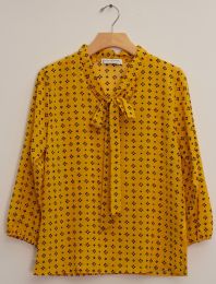 12 Wholesale Three Quarter Sleeve Tie Front Printed Blouse Mustard