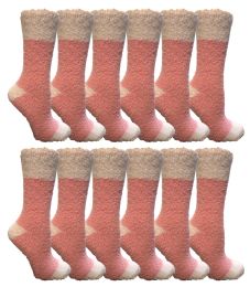 12 Pairs Yacht & Smith Women's Fuzzy Snuggle Socks , Size 9-11 Comfort Socks Pink With White Heel And Toe - Womens Fuzzy Socks