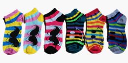 60 Wholesale Womens Junior Girls Printed Ankle Socks Size 9-11 Mustache Emoji Smiley Socks