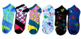 60 Wholesale Womens Junior Girls Printed Ankle Socks Size 9-11 Heart Printed Socks