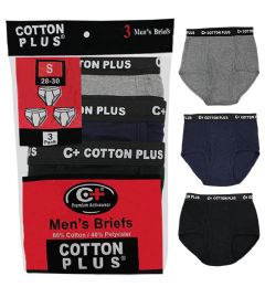 36 Wholesale Men's 3 Pack Assorted Color Cotton Brief, Size Medium