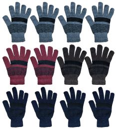 12 Pairs Yacht And Smith Men's Winter Gloves In Assorted Striped Colors - Knitted Stretch Gloves