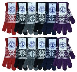 24 Wholesale Yacht & Smith Snowflake Print Womens Winter Gloves With Stretch Cuff