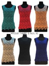 24 Wholesale Womens Summer Lace Tee Assorted Colors