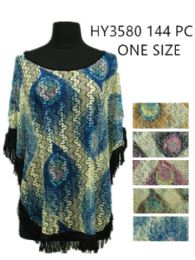 144 Wholesale Womens Summer Printed Poncho With Fringes