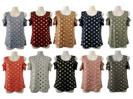 48 Wholesale Womens Assorted Color Gold Polka Dot Tee