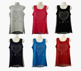 48 Wholesale Womens Assorted Color Love Tee Shirt With Striped Back