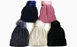 144 Wholesale Winter Warm Shimmer Beanie Hat With Pom Pom Assorted Colors