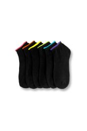 216 Bulk Women's Black Spandex Ankle Socks With Neon Color Top