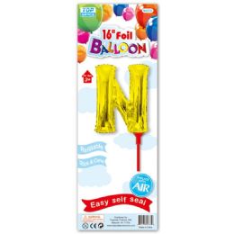 96 Wholesale Sixteen Inch Gold Foil Balloon Letter N With Stick