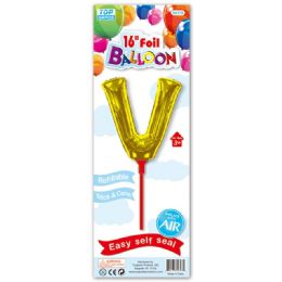 96 Wholesale Sixteen Inch Gold Foil Balloon Letter V With Stick