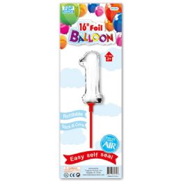 96 Wholesale Sixteen Inch Silver Foil Balloon Number One With Stick