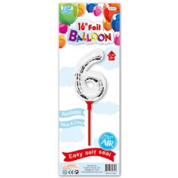 96 Wholesale Sixteen Inch Silver Foil Balloon Number Six With Stick