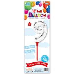 96 Wholesale Sixteen Inch Silver Foil Balloon Number Nine With Stick