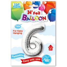 48 Pieces Thirty Four Inch Silver Foil Balloon Number Six - Balloons & Balloon Holder