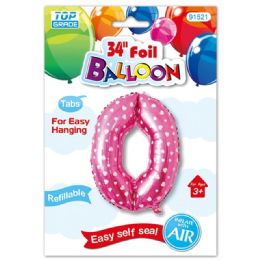 48 Wholesale Thirty Four Inch Pink Foil Balloon Polka Dots Number Zero