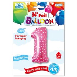 48 Wholesale Thirty Four Inch Pink Foil Balloon Polka Dots Number One