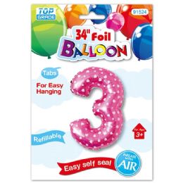 48 Wholesale Thirty Four Inch Pink Foil Balloon Polka Dots Number Three
