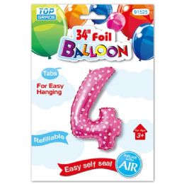 48 Wholesale Thirty Four Inch Pink Foil Balloon Polka Dots Number Four