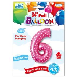 48 Wholesale Thirty Four Inch Pink Foil Balloon Polka Dots Number Six