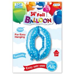 48 Wholesale Thirty Four Inch Blue Foil Balloon Polka Dots Number Zero