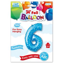 48 Wholesale Thirty Four Inch Blue Foil Balloon Polka Dots Number Six