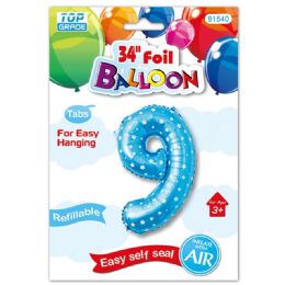 48 Wholesale Thirty Four Inch Blue Foil Balloon Polka Dots Number Nine