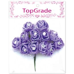 96 Wholesale Decoration Foam Rose In Purple With Rhinestones