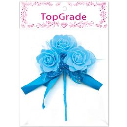 96 Wholesale Decorative Foam Rose Baby Blue With Ribbon And Lace