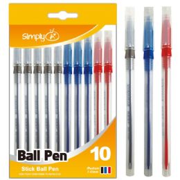 96 Wholesale Ten Count Stick Ballpoint Pens Assorted Colors