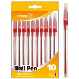 96 Pieces Ten Count Stick Ballpoint Pens Red - Pens