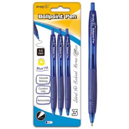 96 Pieces Three Count Retractable Ballpoint Pen Blue With Grip - Pens