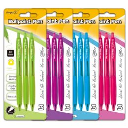 96 Wholesale Three Count Ballpoint Pen Assorted Colors With Grip