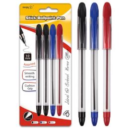 96 Wholesale Four Pack Stick Ballpoint Pens Assorted Colors