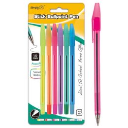 96 Wholesale Six Pack Stick Ballpoint Pens Assorted Colors