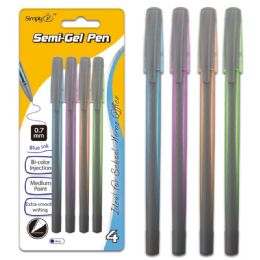96 Wholesale Four Count Semi Gel Pen Blue With Grip