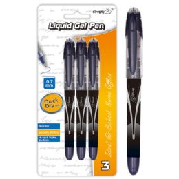 96 Wholesale Three Count Liquid Roller Ball Pen Blue With Clip
