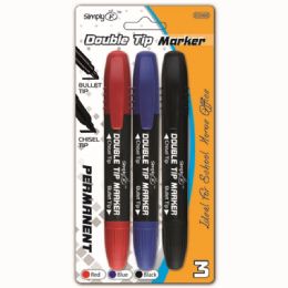 96 Wholesale Three Piece Permanent Markers Double Tip Assorted