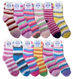 12 Units of Yacht & Smith Women's Fuzzy Snuggle Socks , Size 9-11 Comfort Socks Assorted Stripes - Womens Fuzzy Socks