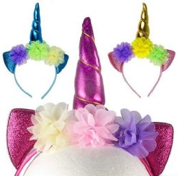 12 Pieces Sparkly Flowered Unicorn Horn Headbands - Headbands